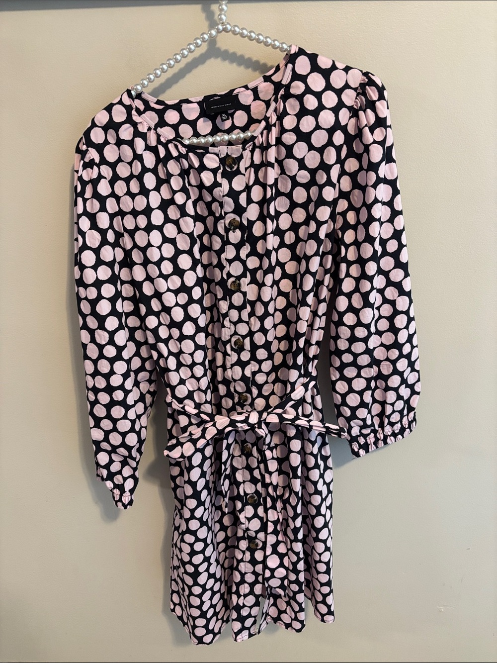 Who What Wear Polka Dot Shirt Dress XL Pink Black Button Front Belted Cotton